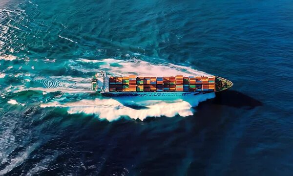 Aerial view of a container ship navigating through blue waters, showcasing cargo transport.