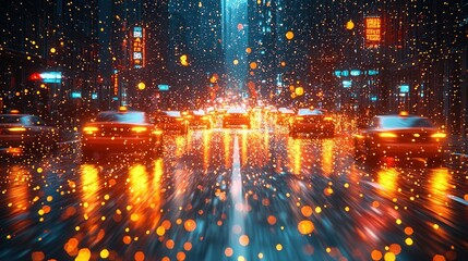 An artistic representation of a city street at night, featuring blurred cars and vibrant lights creating a dynamic atmosphere.