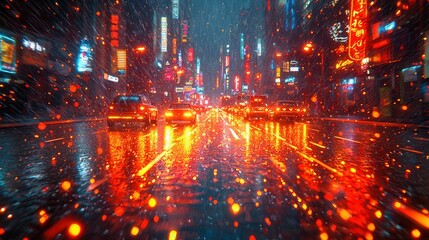 Obraz premium A vibrant city nightscape with neon lights illuminating the streets. Rain adds dynamic reflections and a colorful atmosphere to the busy urban scene.