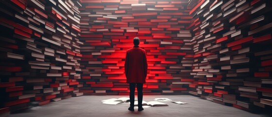 A solitary figure stands amidst a vibrant room filled with books, evoking a sense of wonder and exploration.