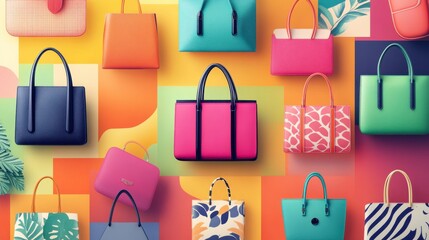 A vibrant display of various stylish handbags arranged artistically on colorful backgrounds.