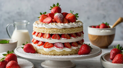 a japanese strawberry shortcake with layers of soft, fluffy sponge cake filled with freshly whipped cream and sweet, juicy strawberries