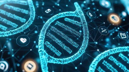 Obraz premium Abstract representation of DNA strands interconnected with data icons in a digital environment.