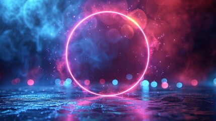 A vibrant neon circle surrounded by colorful lights and mist, creating a futuristic atmosphere.