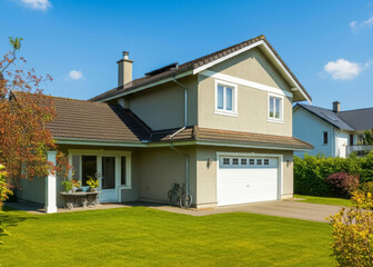 Single-family house, residential building with garden in the suburbs or in the countryside. Environmentally friendly and sustainable.