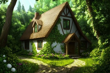 Fototapeta premium Charming cottage surrounded by lush greenery and blooming flowers, nestled in a serene forest setting.