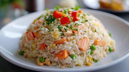 A vibrant plate of fried rice garnished with vegetables and herbs.