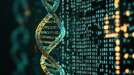 Close-up view of a DNA double helix against a digital backdrop with binary code, symbolizing genetic research and technology.