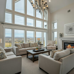 Fototapeta premium Beautiful Living Room, Luxury Home, Fireplace and Roaring Fire. Luxury apartment, modern and cozy.