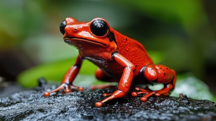 A vibrant red frog perched on a rock amidst lush greenery.