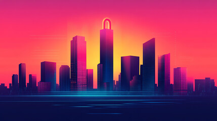 A vibrant city skyline during sunset, featuring a mix of modern skyscrapers with colorful reflections and a dramatic gradient sky, creating a lively urban atmosphere.