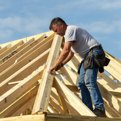 Fototapeta premium Roofers and carpenters are working on roofing or repairing roofs at construction sites. Roof repair and upgrade concept.