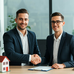 Fototapeta premium Real etate agent and customer shaking hands after finished contract, home insurance and investment loan.