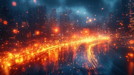 Fototapeta premium A vibrant cityscape illuminated by golden lights against a dark backdrop, creating an energetic atmosphere. Reflection on water adds depth to the scene.