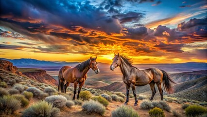 Fototapeta premium Wild Horses Standoff in Utah Desert Along Pony Express Trail