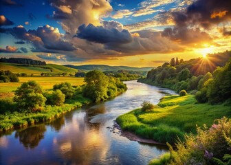 Wild Nature River Bank with Rolling Hills - Panoramic Landscape Photography
