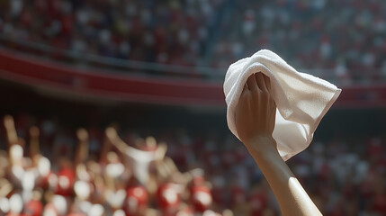 Celebrating a thrilling victory, fans wave towels in excitement at a stadium during a high-energy sports event in the afternoon