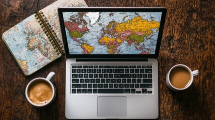 Laptop on wooden table with world map, notepad, and coffee mugs, perfect for travel planning and remote work inspiration.
