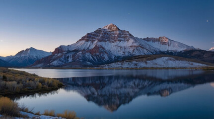a image capturing the serene beauty of large, snow capped mountains during the blue hour