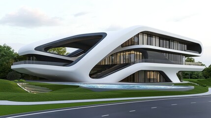 Fototapeta premium Modern architecture featuring a sleek, futuristic building design surrounded by green landscaping.