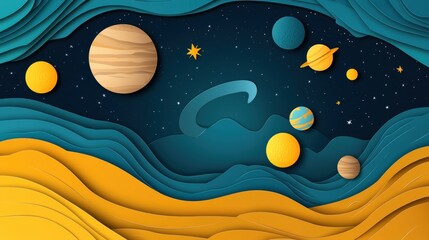 A vibrant, layered illustration of planets and stars in a cosmic landscape.