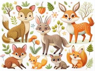 Woodland Mammal Characters in Nature - Forest Animals Vector Icons for Kids and Decor