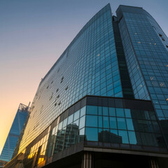 Obraz premium Morning view to perspective glass building. The dawn of a new era, real estate business.