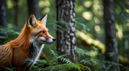 Fototapeta premium a red fox in the forest, the fox, with its fiery fur and piercing eyes, stands out against the lush greenery of the forest