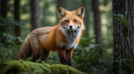 Fototapeta premium a red fox in the forest, the fox, with its fiery fur and piercing eyes, stands out against the lush greenery of the forest
