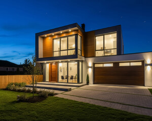 Naklejka premium Beautiful Home Exterior at Night, Warm house, modern European design style, evening, lights.
