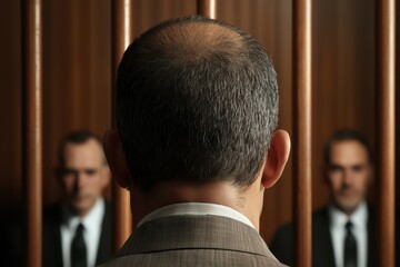 Two men in suits appearing behind prison bars, conveying themes of confinement and justice.