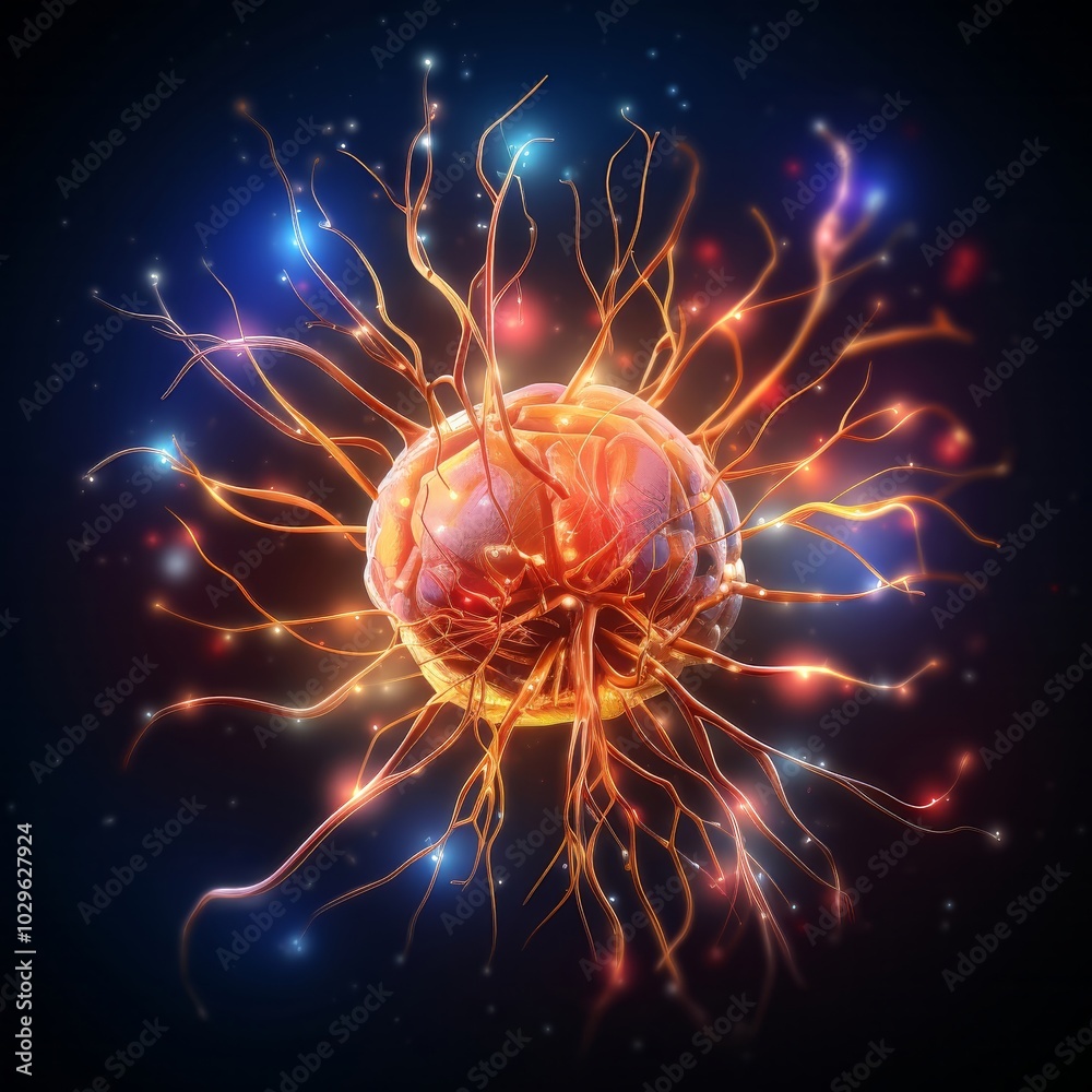 Poster a vibrant representation of a neural cell illuminated in a dark setting, showcasing glowing extensio