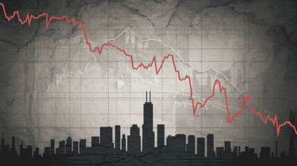 Naklejka premium City skyline with declining stock market graph on textured background.