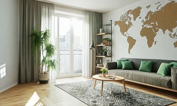 Modern Living Room with World Map Wall Decor and Green Accents