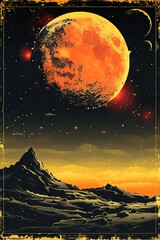 In this surreal setting, a massive orange moon dominates the sky above a rocky terrain. Distant planets can be seen, with a starry backdrop highlighting the vastness of space during dusk.