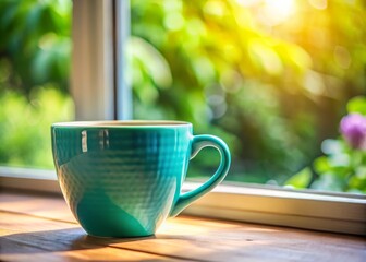A chic turquoise coffee cup rests on a sunlit windowsill, captured in stylish product photography. Its vibrant hue brings warmth to any morning routine.