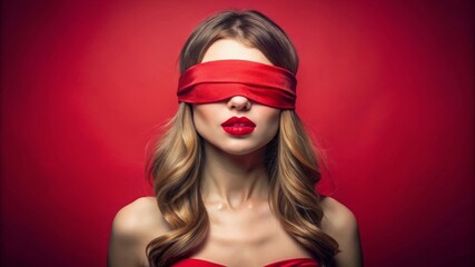 Fototapeta premium A young woman with long blonde hair and red lips is blindfolded with a red ribbon. The red background adds to the dramatic feel.