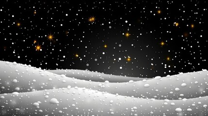 Obraz premium A tranquil night scene features gentle snow-covered hills illuminated by the glow of twinkling stars. Snowflakes gracefully descend, adding to the serene winter atmosphere.