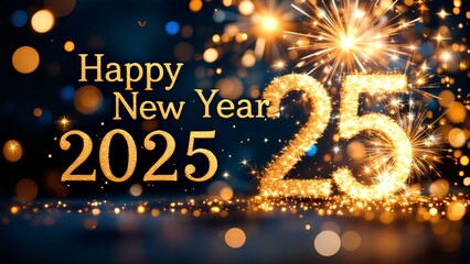 Happy New Year 2025 Golden Sparkling Text with Fireworks Display in Festive Celebration, Glowing Lights and Shimmering Bokeh Effects