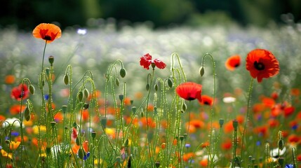 Obraz premium Red Poppy Flowers and Buds in a Field of Wildflowers