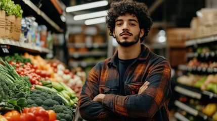 A young man stands confidently in a grocery store aisle filled with fresh produce.