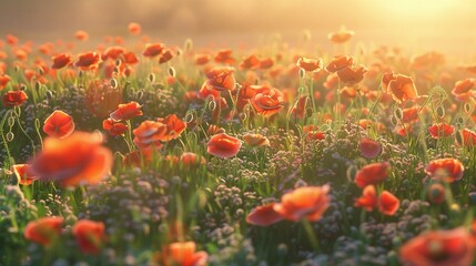 A Field of Poppies Bathed in Warm Sunset Light