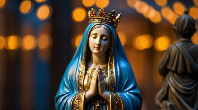 a statue of the virgin mary. the statue is depicted in a traditional style, with a serene expression and upward gaze