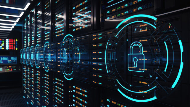 Digital data center with secure server locks and glowing network cables.