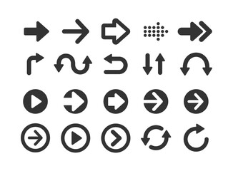 Set of black arrow icons. Various packaging symbols. Motion pointers. Site and player control buttons. Flat style logos. Information pointers. Wayfinding directions. Modern simple vector arrows.