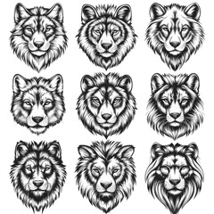 Obraz premium Line Art Animal Tattoos: Wolves, Lions, Tigers