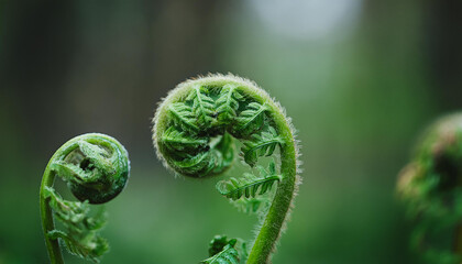 Close-Up View of Fresh Green Young Wild Ferns Plantation Bud