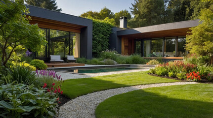 Naklejka premium a lush, well-maintained backyard garden with a vibrant green lawn as the central focus