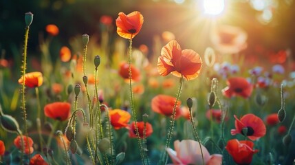 Obraz premium Red Poppies in a Field of Green with Bright Sunlight