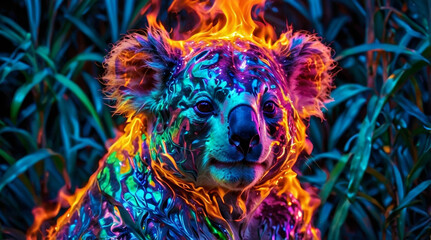 a male koala’s face made of fire, facing and looking forwards, symmetrical. lion’s wispy mane is made of fire flames. flames are multi-colour of orange, purple, blue and green.